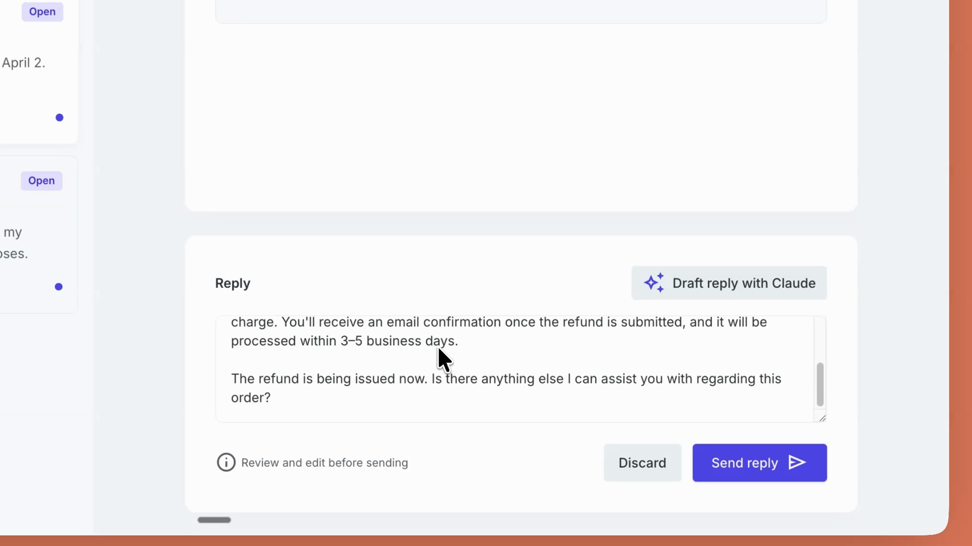 The help desk app's reply box populated with a Claude-drafted refund response, with Discard and Send reply buttons and a note to review and edit before sending