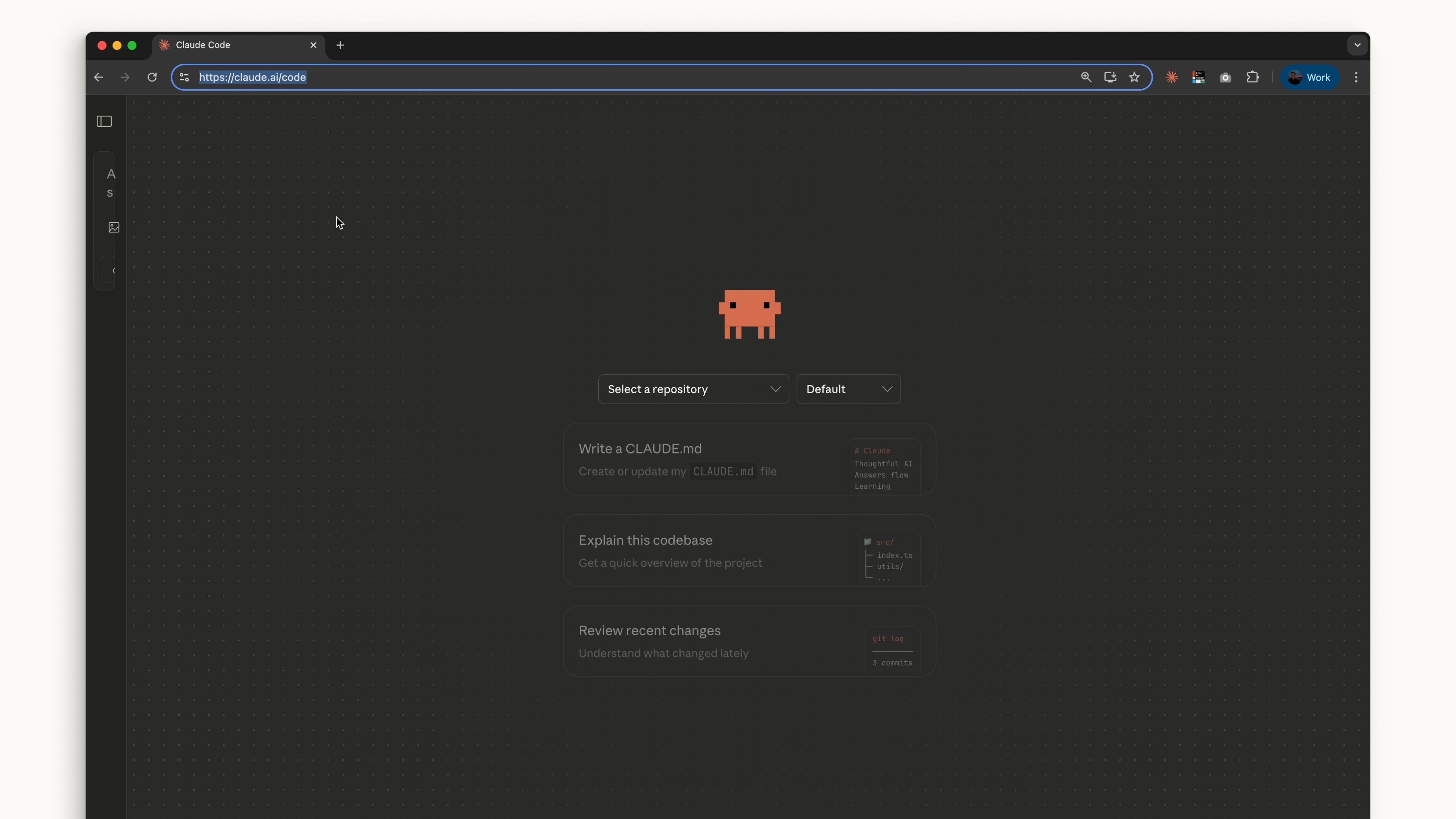 저장소 선택 화면이 있는 claude.ai/code의 웹 버전 Claude Code