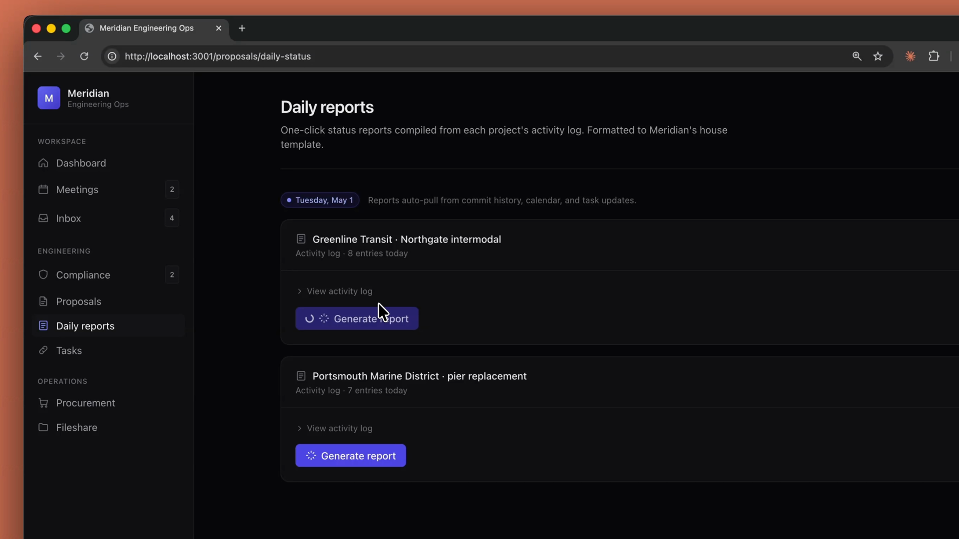 A project management app with a Daily reports page, where each project's activity log has a one-click Generate report button backed by the Skill