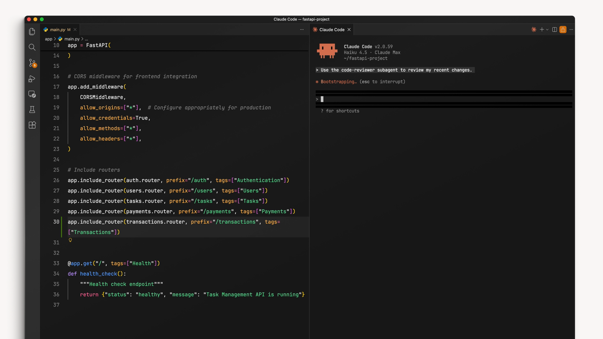 FastAPI 프로젝트가 열려 있는 코드 에디터와 사이드 패널의 Claude Code, code-reviewer 서브에이전트를 사용하여 최근 변경 사항을 리뷰하도록 요청받음
