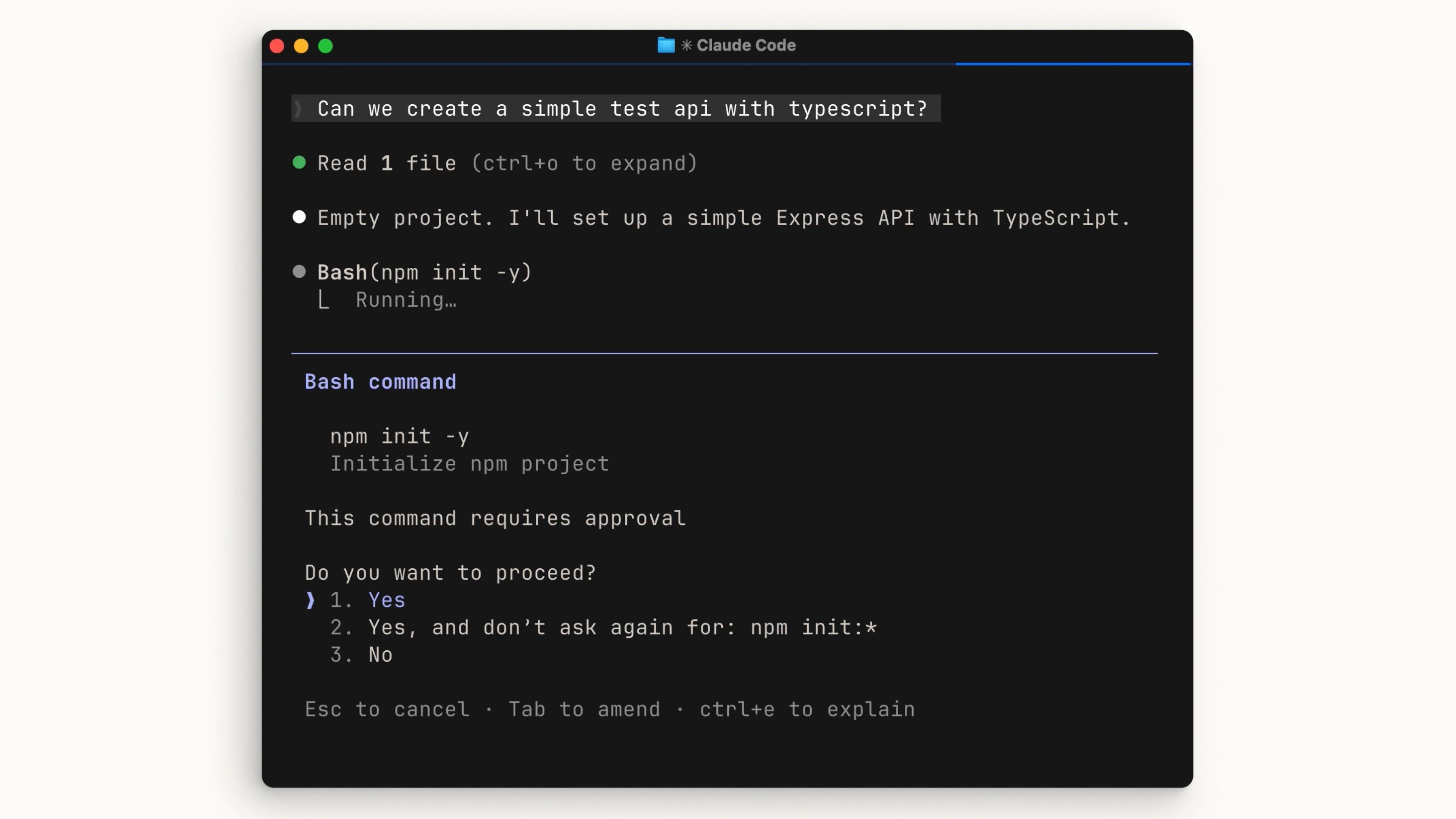 bash 명령을 실행하기 전에 권한을 요청하는 Claude Code