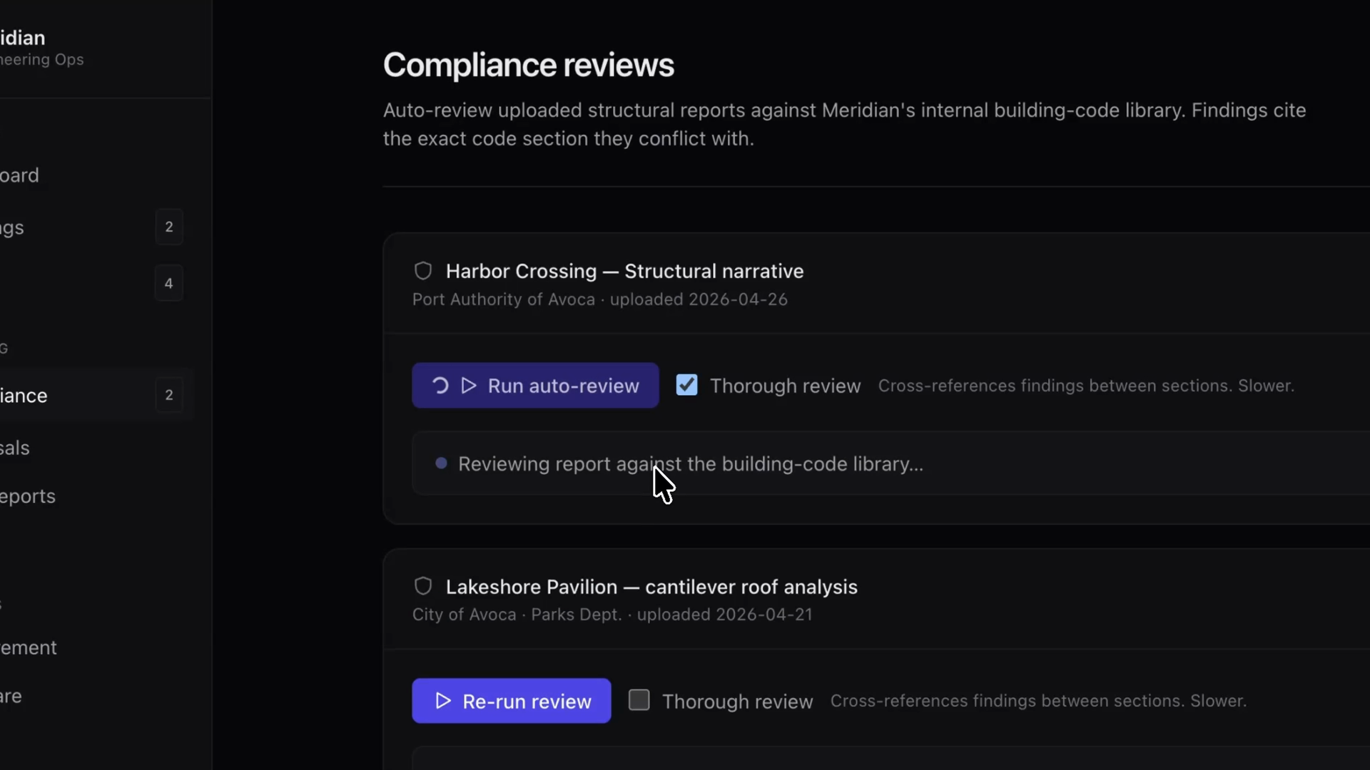 Compliance review app UI with a Thorough review checkbox enabled, running an auto-review that cross-references findings between report sections