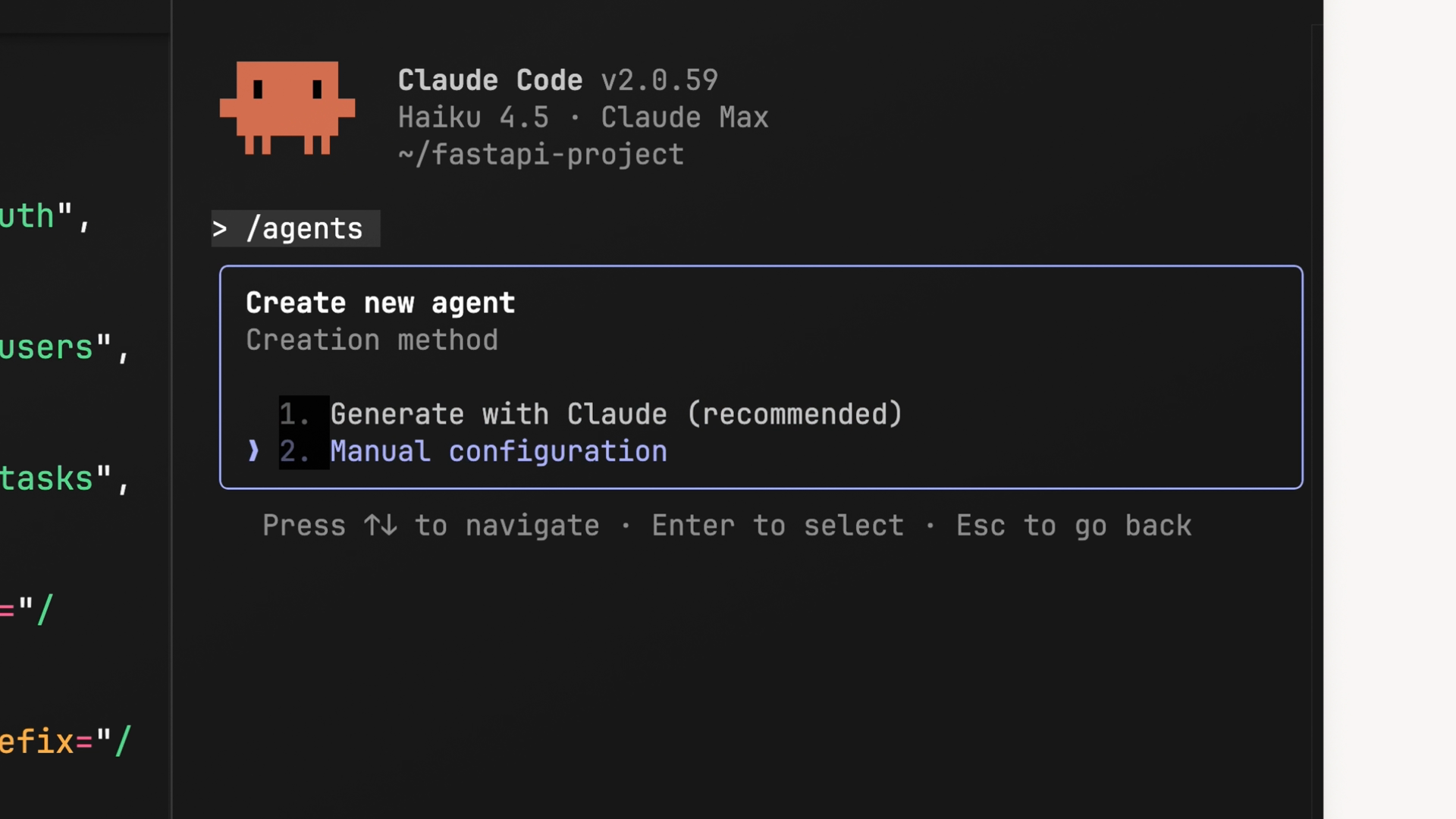 Claude Code의 /agents create-new-agent 흐름, 생성 방법으로 "Generate with Claude (recommended)"와 "Manual configuration"이 표시됨