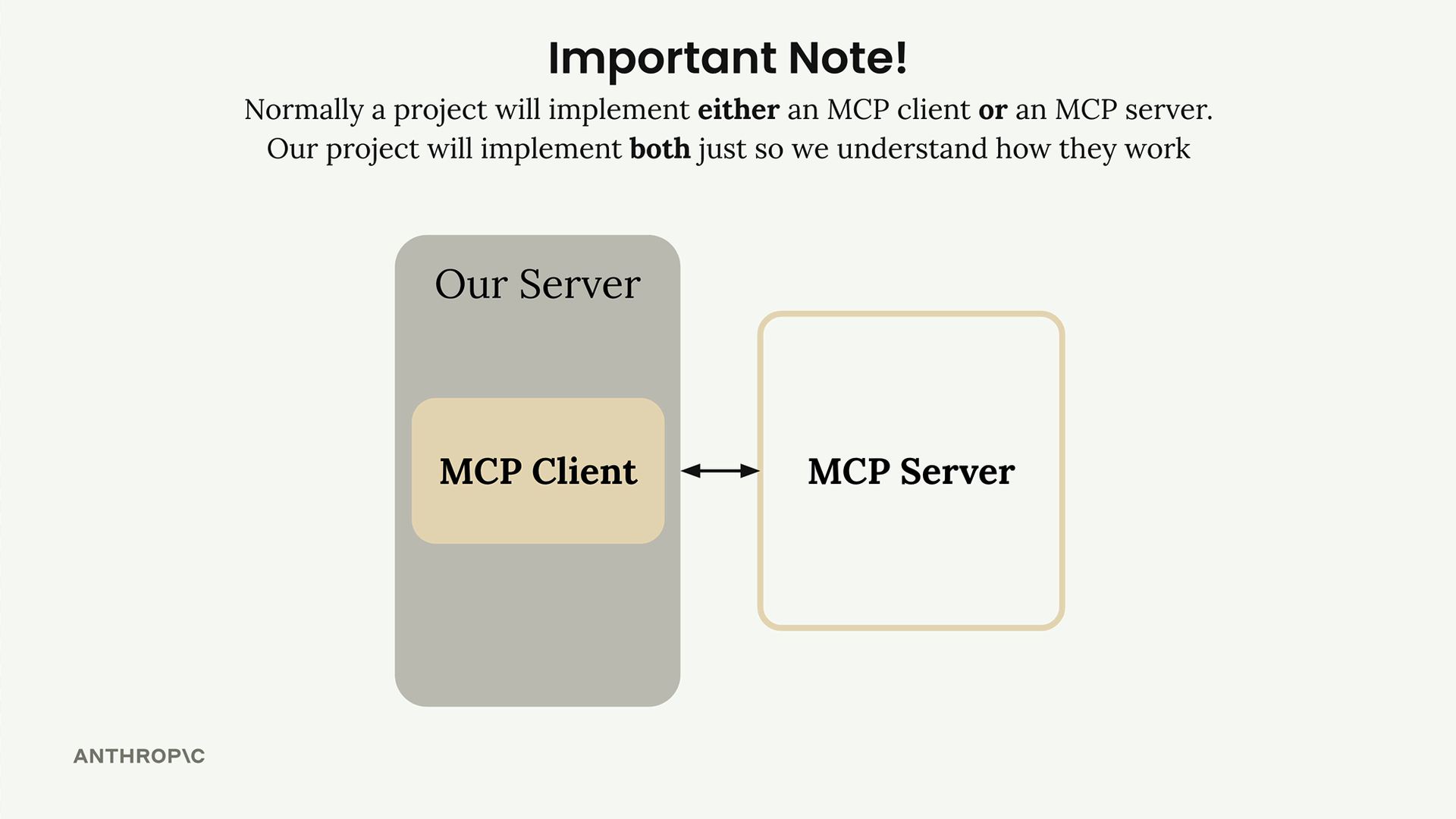 프로젝트가 일반적으로 MCP 클라이언트 또는 MCP 서버 중 하나를 구현한다는 것을 나타내는 다이어그램; 우리 프로젝트는 둘 다 구현하며, 서버 내부의 MCP 클라이언트가 MCP 서버에 연결된 모습을 보여줌