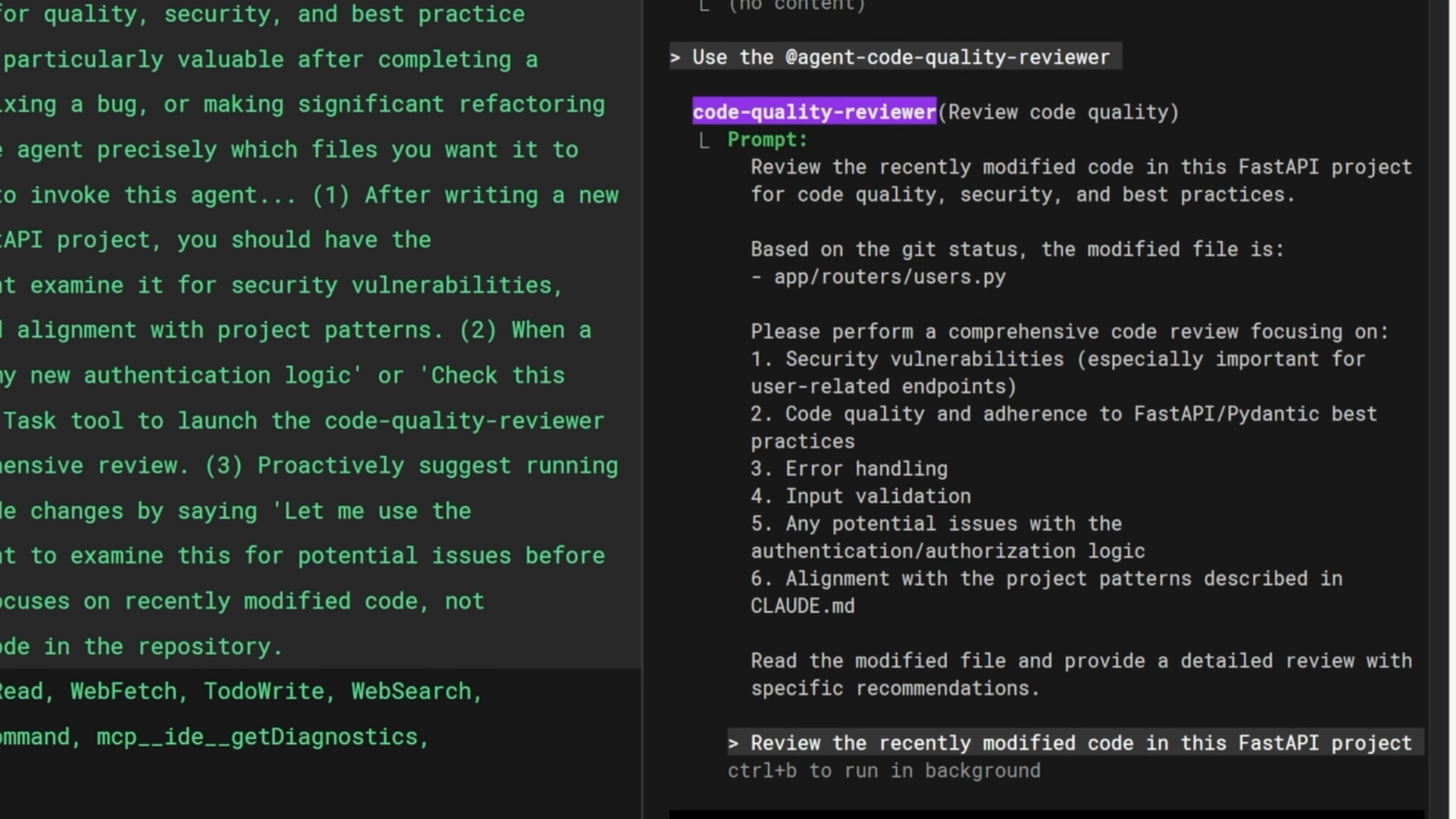 code-quality-reviewer 서브에이전트에게 수정된 파일과 검토 중점 영역을 나열하는 구체적인 입력 프롬프트로 작업을 위임하는 메인 에이전트