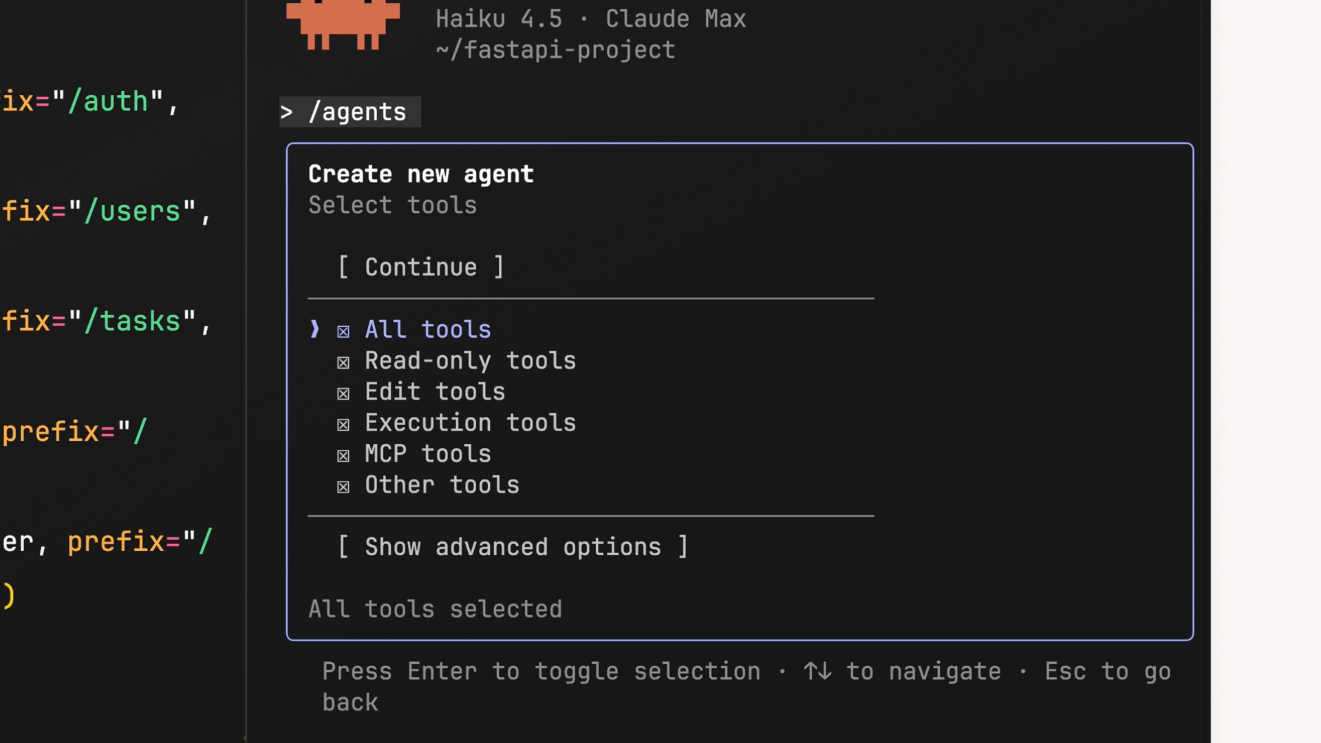 에이전트 생성의 "Select tools" 단계, All tools, Read-only tools, Edit tools, Execution tools, MCP tools, Other tools에 대한 체크박스가 표시됨